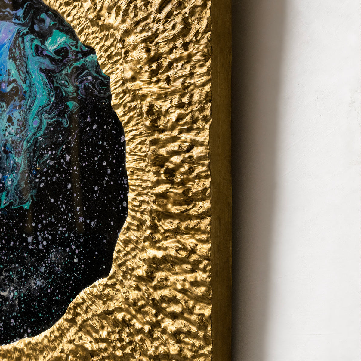Cosmic Nebula — close-up detail highlighting the handcrafted layering technique, where each sculpted metal element stroke builds the artwork's signature three-dimensional texture.