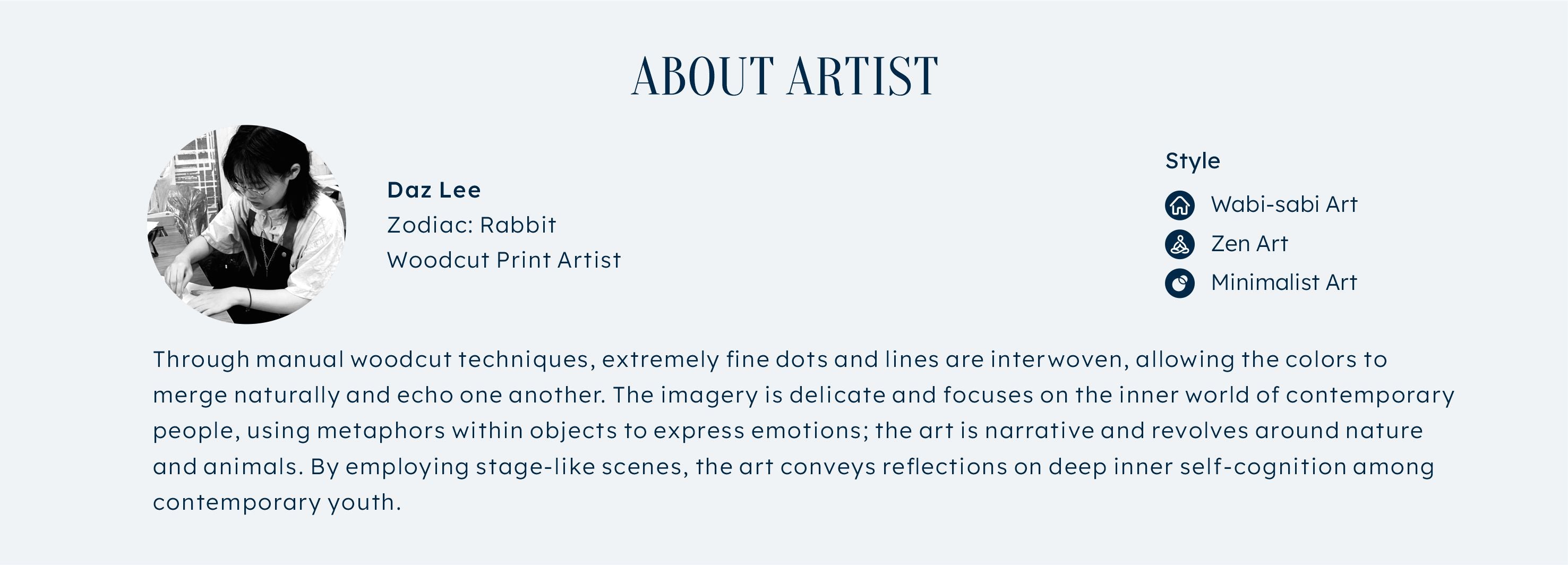 Daz Lee, Woodcut Print Artist — creator of Jade Meridian, specializing in Wabi-sabi, Zen, and Minimalist Art styles using manual woodcut techniques with fine dots and lines to explore nature, animals, and contemporary inner life.