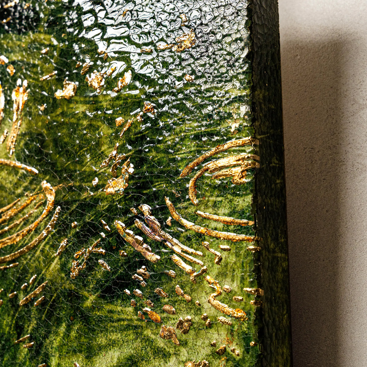 Close-up of Early Spring and Ripples Fired Foil Handcrafted Art, showing the artisan's layer-by-layer wave relief built on raw granular mineral ground, with ICH-certified fired foil applied inch by inch through sixteen stages of high-temperature oxidation.