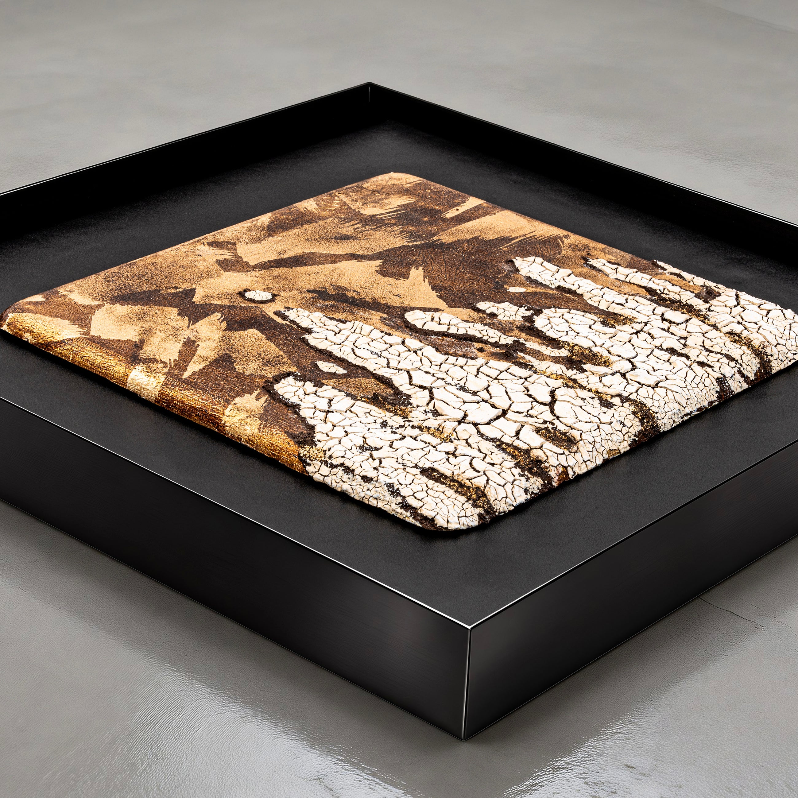 Flat-lay overhead view of Efflorescence — Patinated Foil · Aura Frame, capturing the full expanse of its 3D metal element surface — rough, mottled mineral, plate, and foil together forming the fractured geography of desiccated earth with ore appearing at every depth.