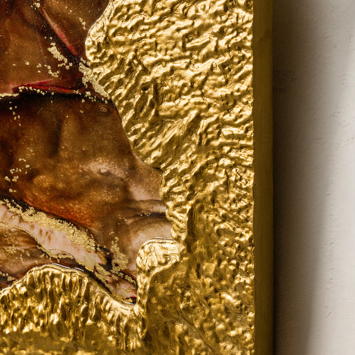 Mirror of Universe-brown — close-up detail highlighting the handcrafted layering technique, where each raised metal element stroke builds the artwork's signature three-dimensional texture.
