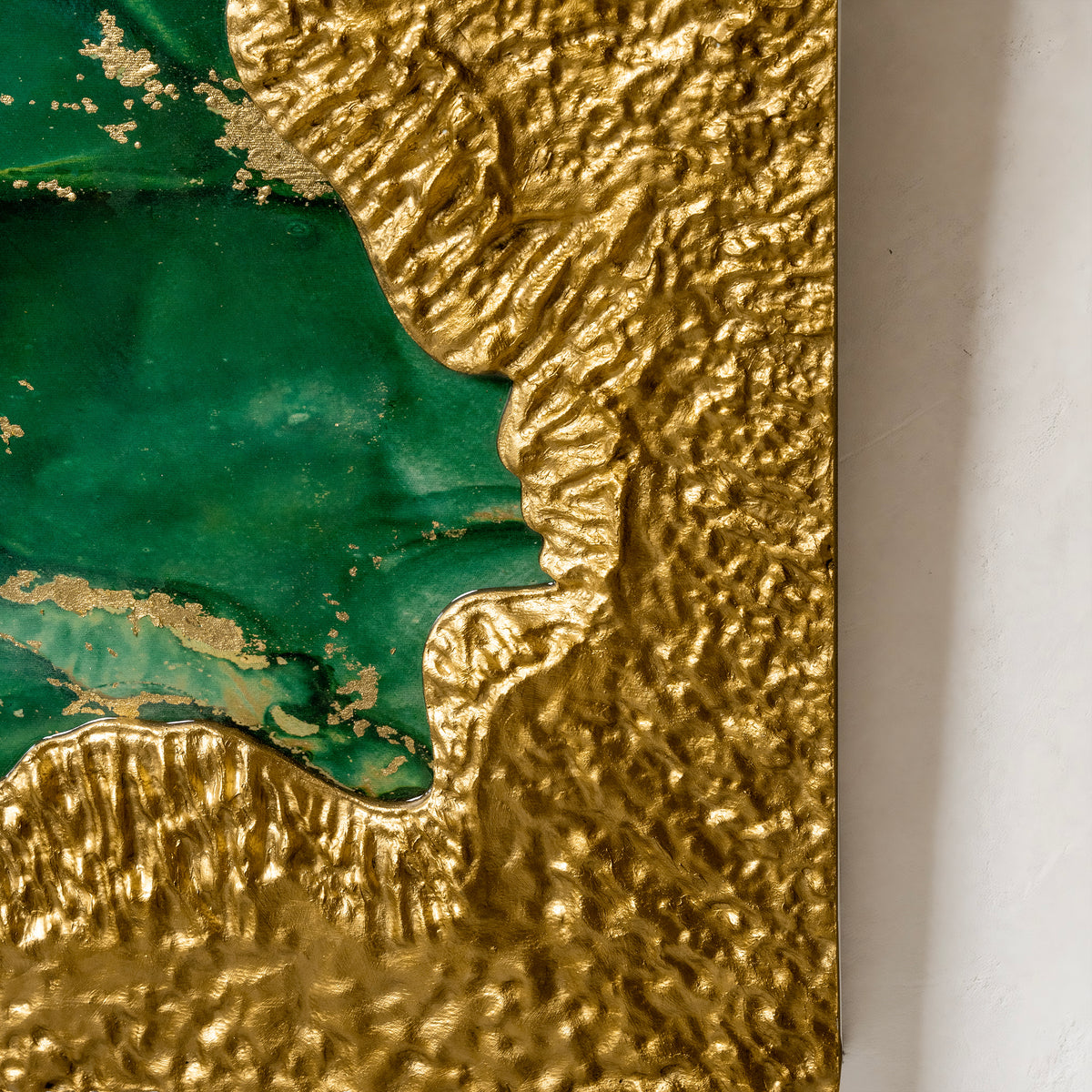 Mirror of Universe-green — close-up detail highlighting the handcrafted layering technique, where each raised metal element stroke builds the artwork's signature three-dimensional texture.