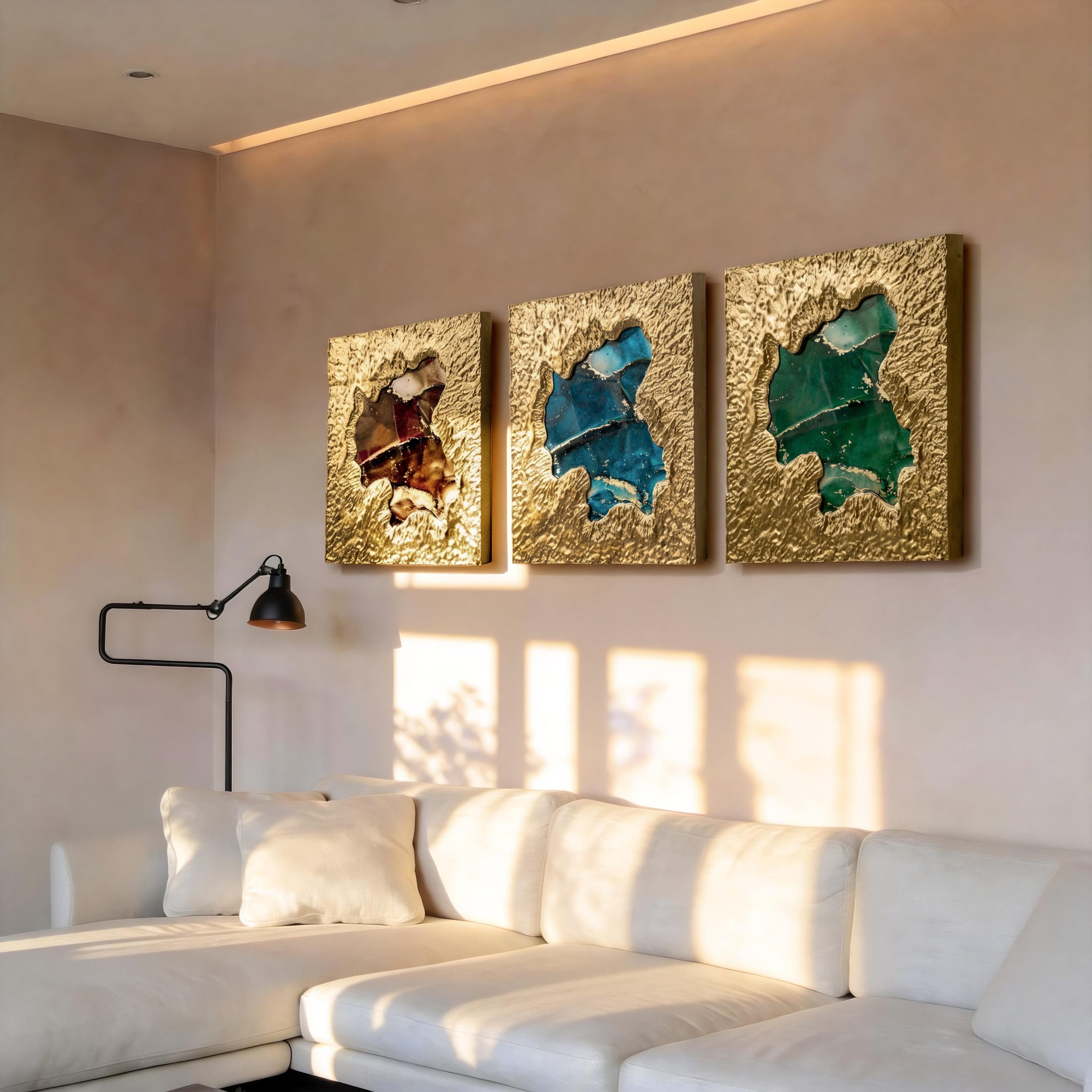 Mirror of Universe— wall display scene featuring the brown, blue, and green variants side by side, showcasing the metal element family's dimensional texture and tonal range in a curated interior setting.