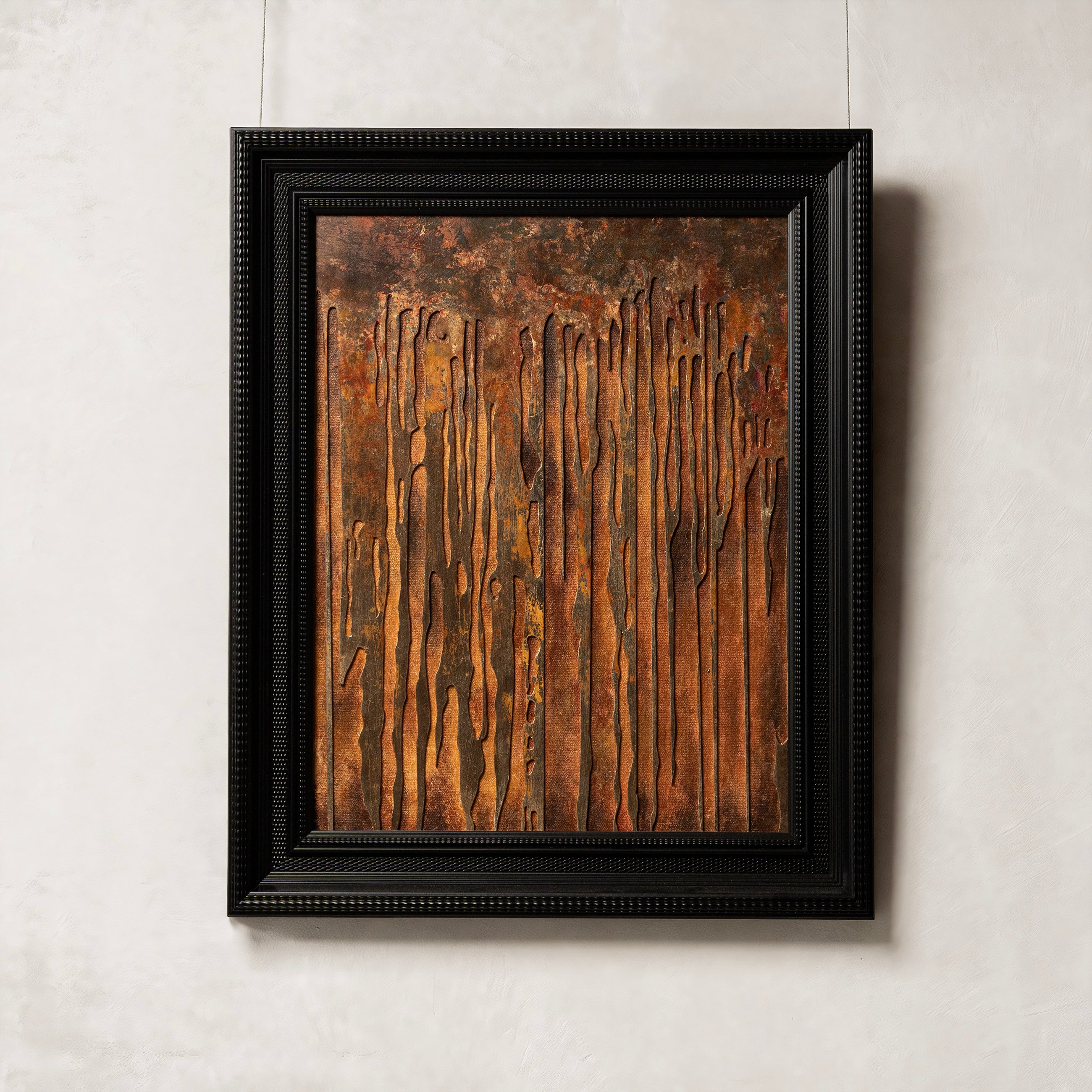 Shimmering Cascade — full view of handcrafted fired foil wall art, radiating fire element energy through cascading layers of luminous texture across the entire framed surface.