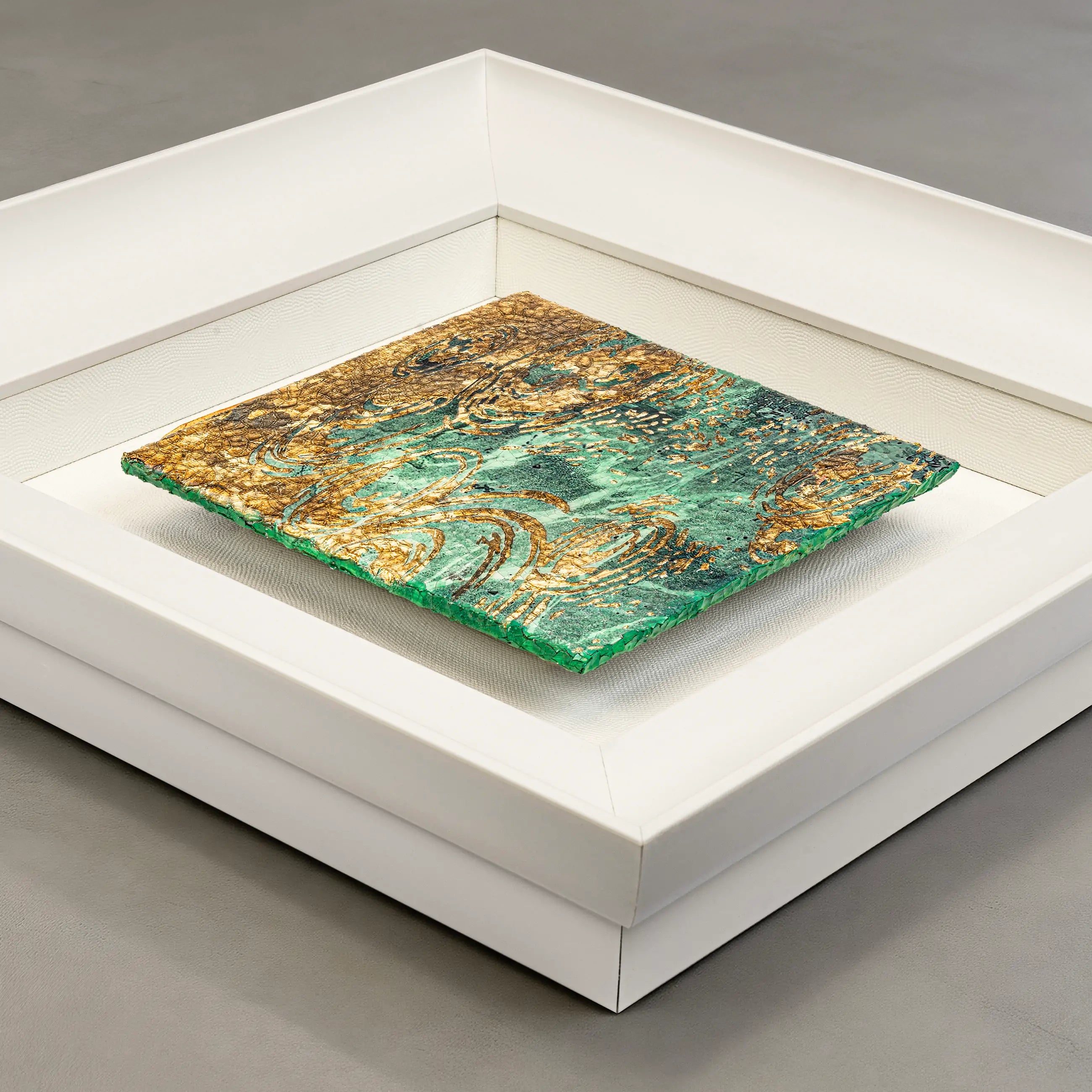 Still Water, Deep Current — Patinated Foil · Aura Frame— flat-lay full view of the canvas highlighting the all-over ripple texture and water element tonal depth of the patinated foil finish.