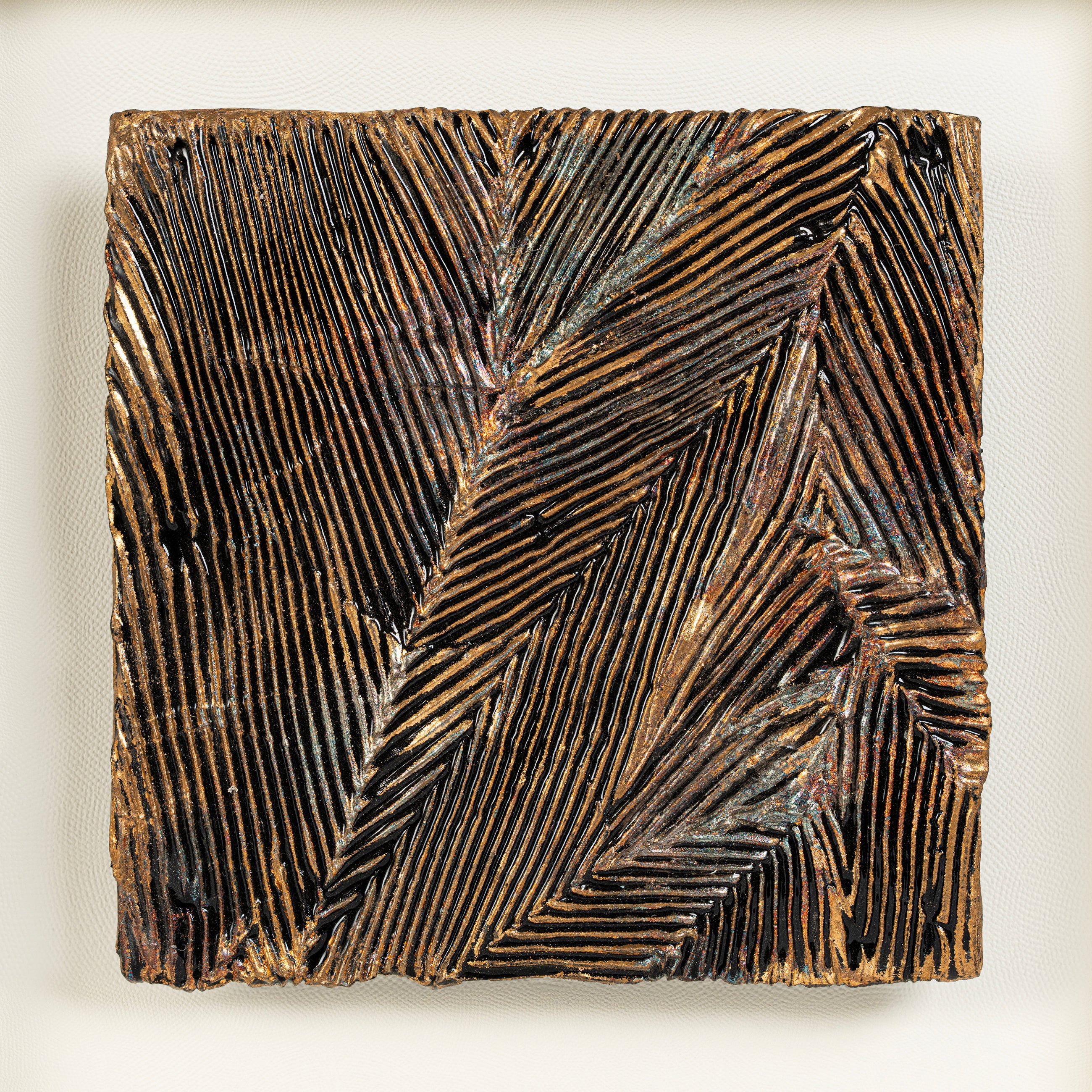 Unframed canvas of Striae — Patinated Foil · Aura Frame, revealing the full metal element mineral surface where parched, fractured crackle ground and linear fired foil passages run in parallel — built through a Song and Yuan dynasty ICH tradition across more than eight hundred years.