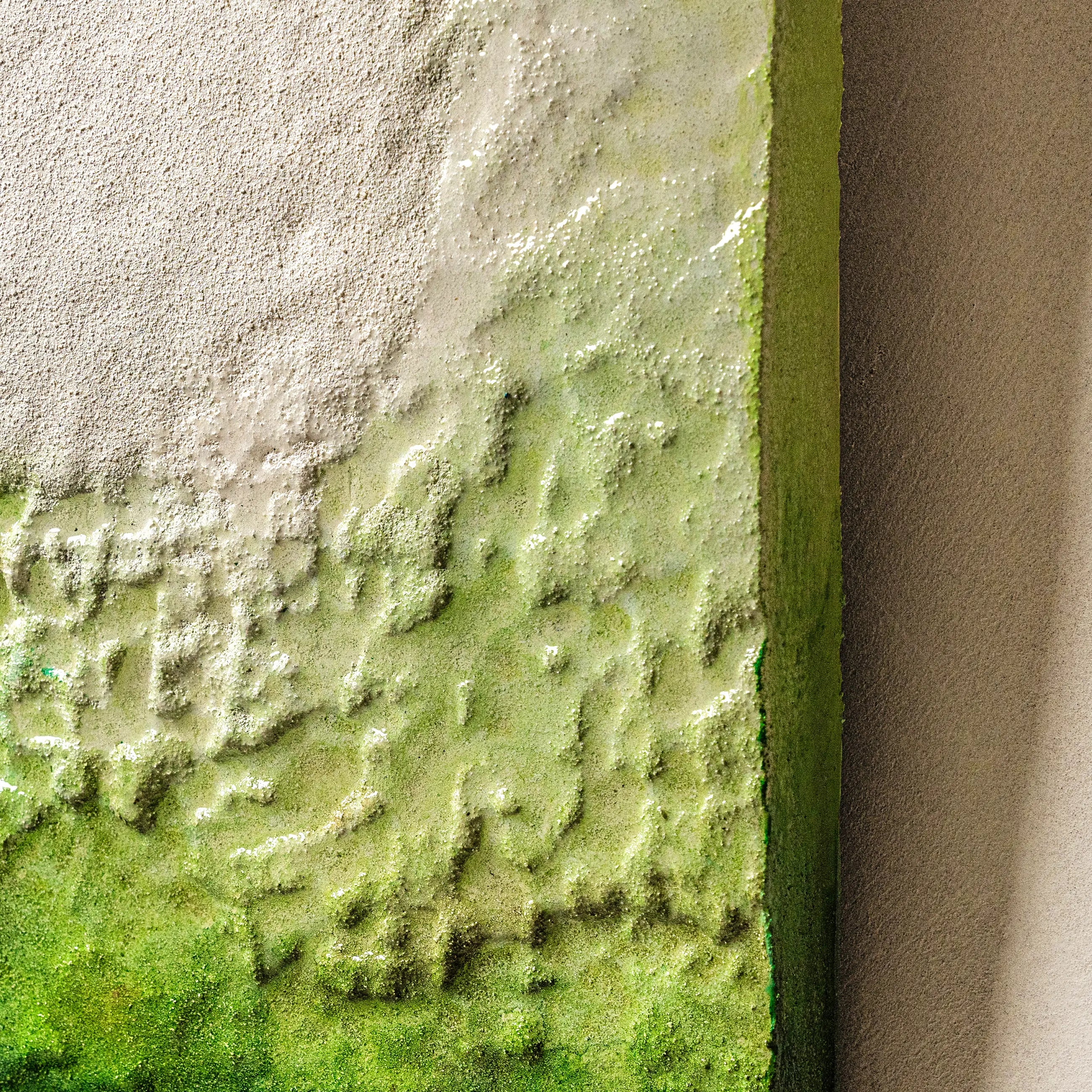 Close-up of the hand-painted mineral texture on The Frozen Spring of Life, highlighting the artisan's meticulous layering of natural raw materials to create a gentle, organic 3D relief.