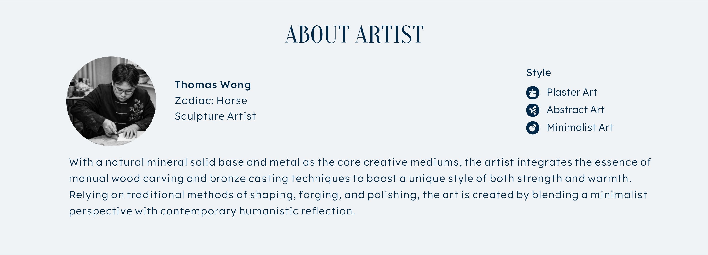 Thomas Wong, Sculpture Artist — creator of Resonance, working with natural mineral and metal mediums in Plaster, Abstract, and Minimalist Art styles.