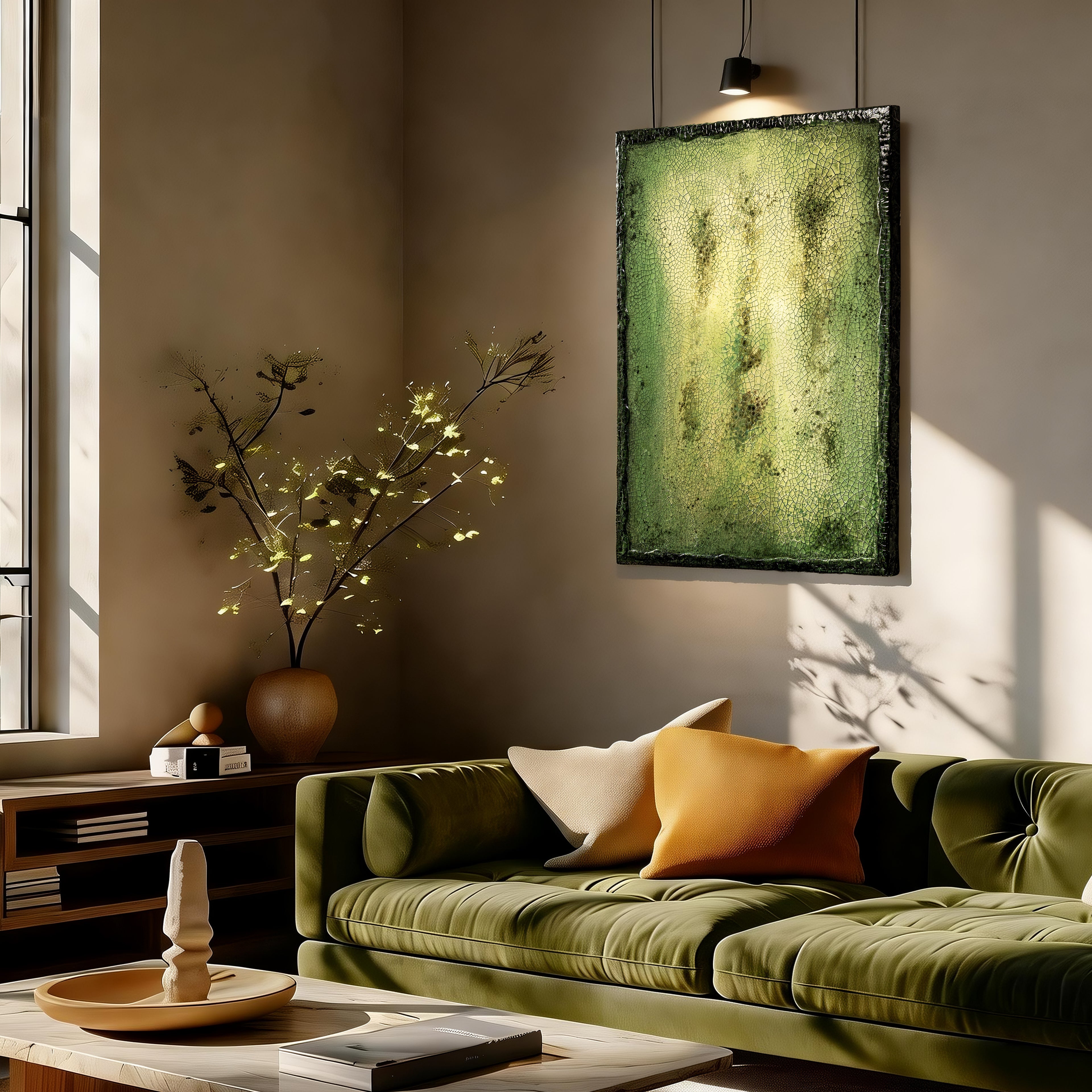 Verdant Emergence — lifestyle scene of handcrafted art in a refined interior, channeling earth element stability through its wabi-sabi textured tones and natural depth.