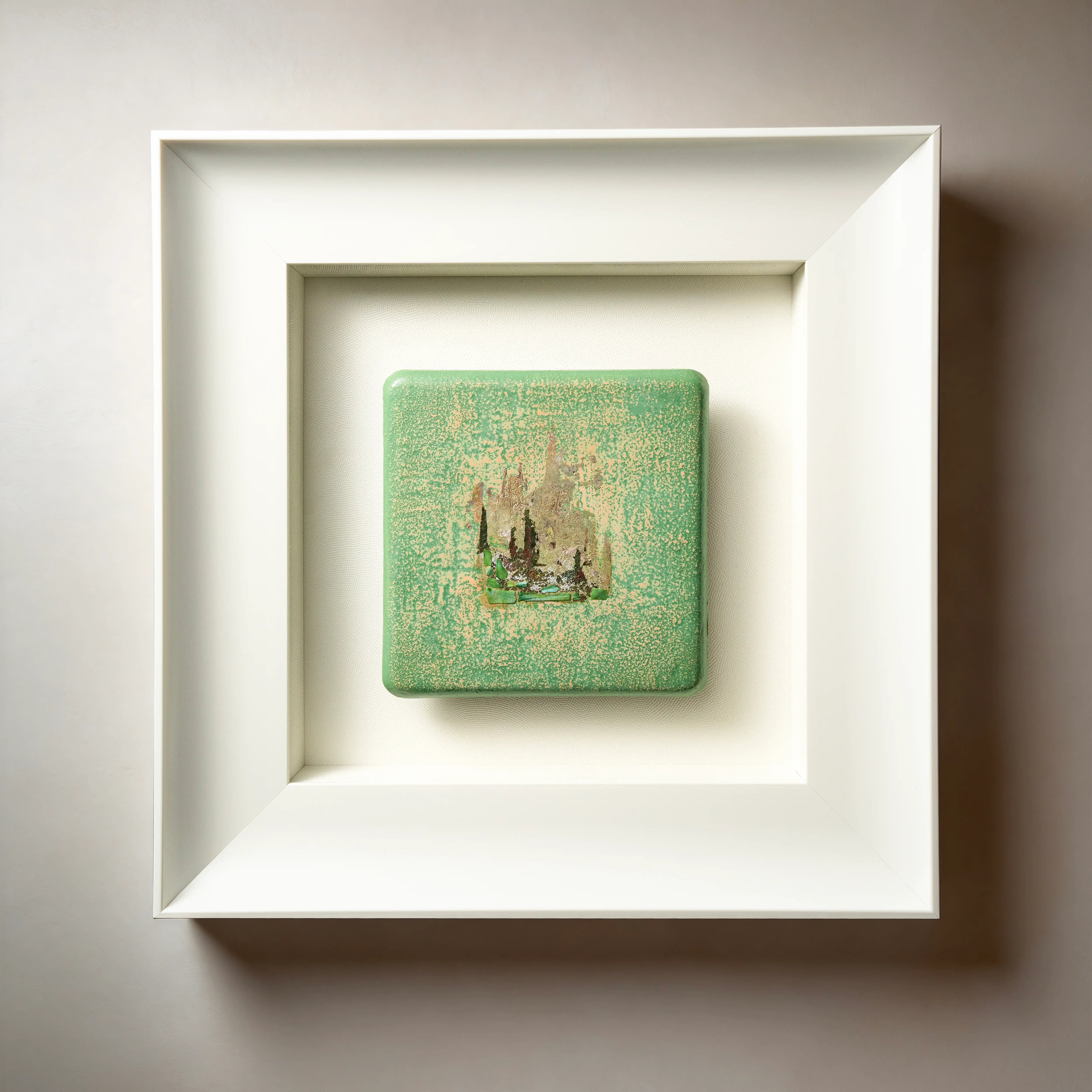 Windward — Patinated Foil · Aura Frame, full view of a wood element wall art where Han dynasty lacquer craft meets hand-hammered silver leaf and abalone shell, its layered 3D texture glowing in warm greens with faint pink undertones like spring arriving.