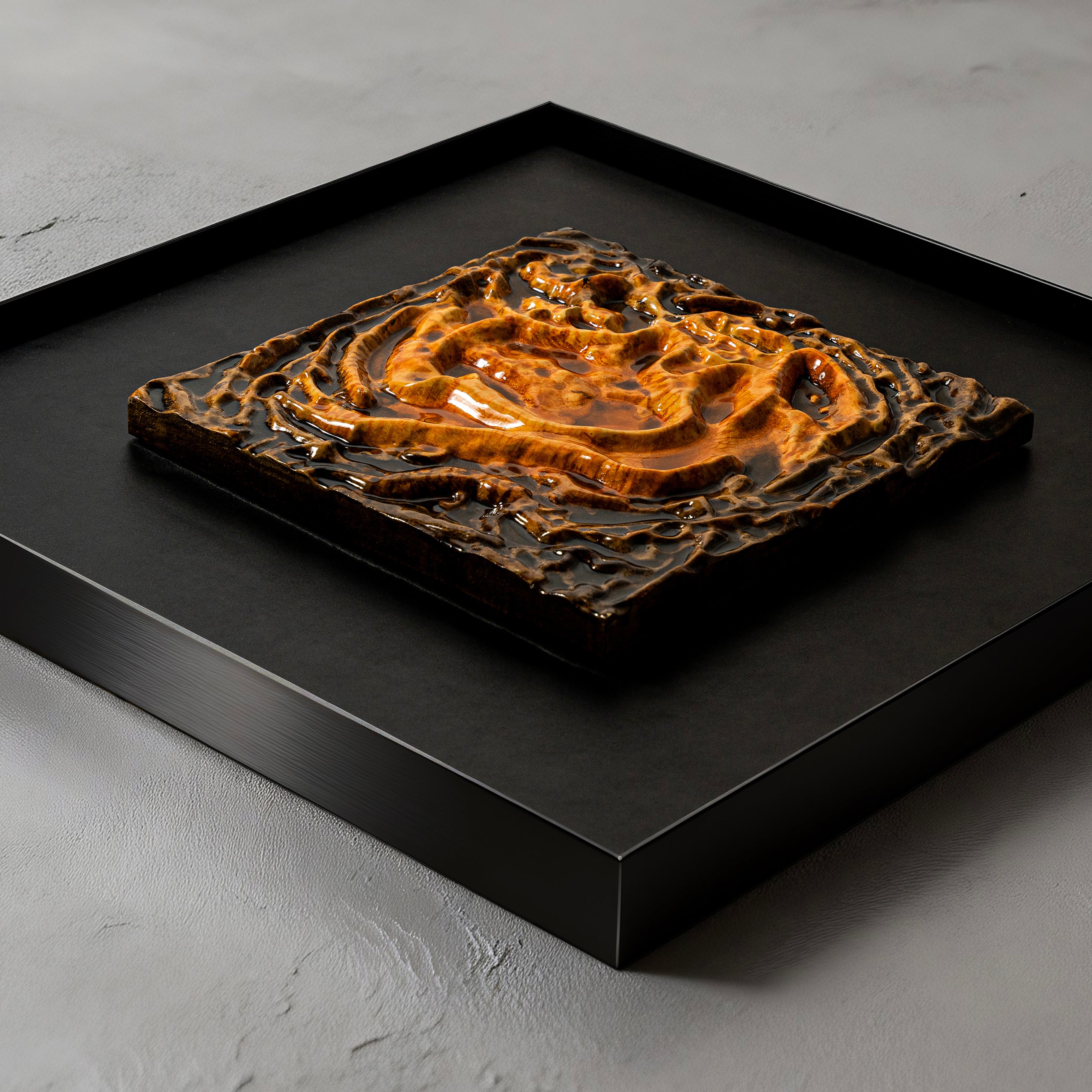 Flat-lay overhead view of Coiled Dragon — Aquarelle · Aura Frame, capturing the full aerial cartography of its 3D earth element mountain terrain, resin-sealed and reading as sunlight moving across a landscape that exists only in this handcrafted form.