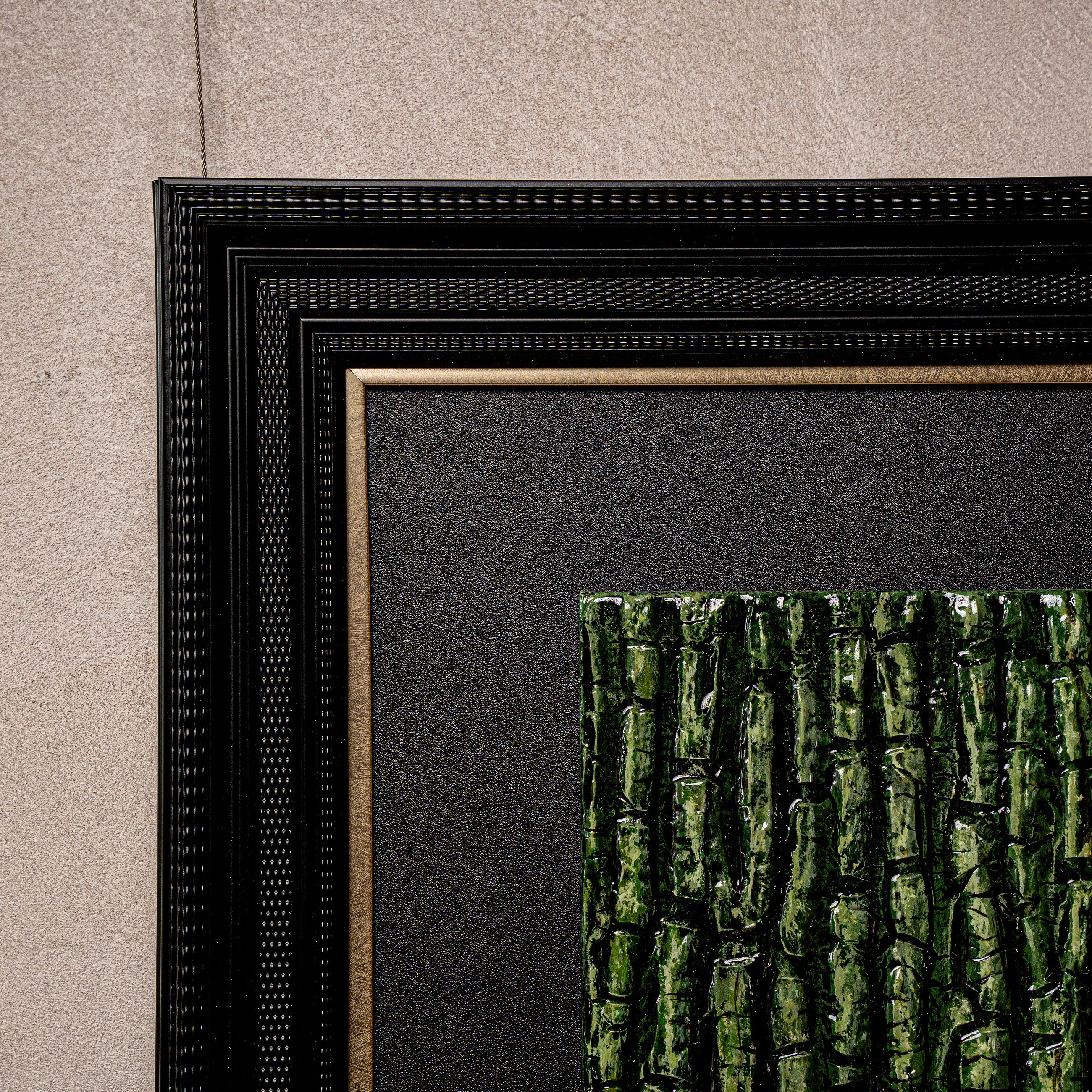 Emerging Life — quarter-corner close-up of the natural mineral surface, capturing the earth element texture and crystallized gold leaf shimmer in fine detail.