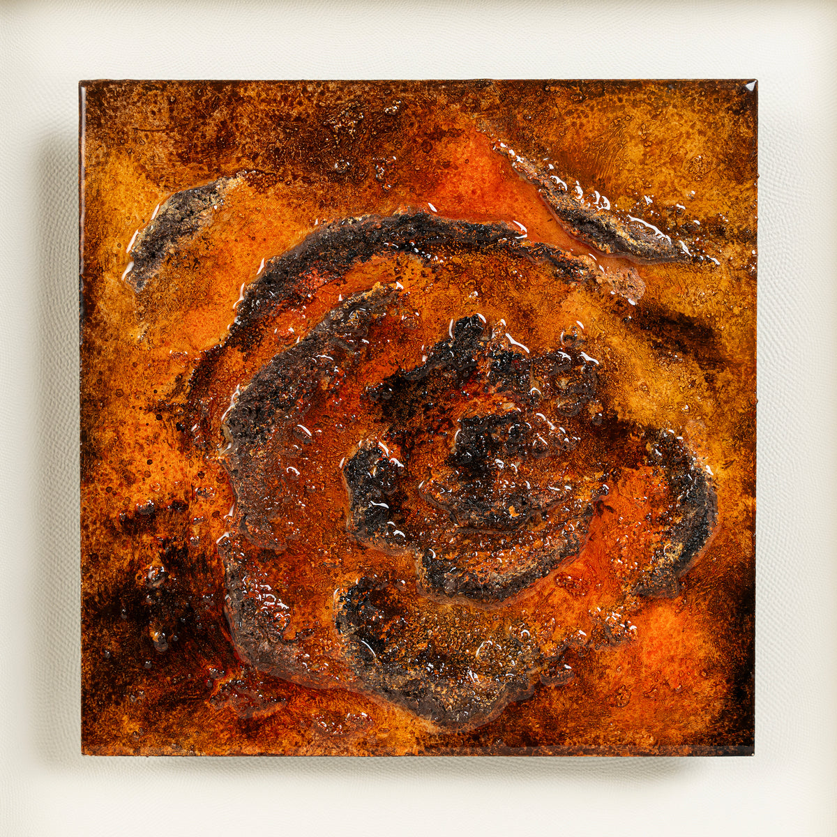 Unframed canvas of Fervor — Mineral Texture · Aura Frame, revealing the full fire element mineral surface built through Song Dynasty glazing tradition and contemporary lacquer craft, its dense directional brushwork forming a single bloom of concentrated flame.