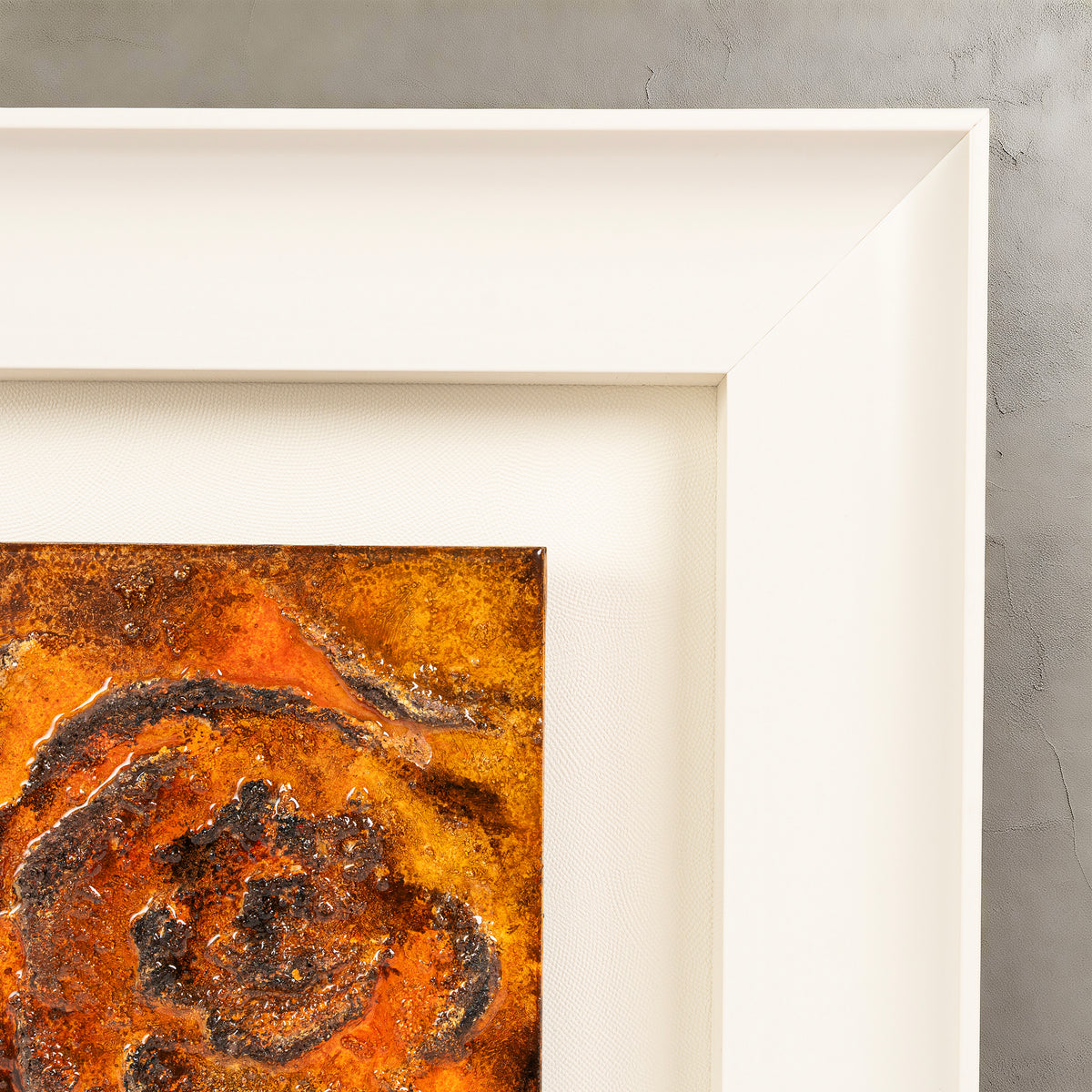 Corner detail of Fervor — Mineral Texture · Aura Frame, showing the heavy, deliberately directional brushstrokes of mineral pigment that build the fire element bloom texture layer by layer, each pass cured before the next deepens the surface toward mellow warmth.