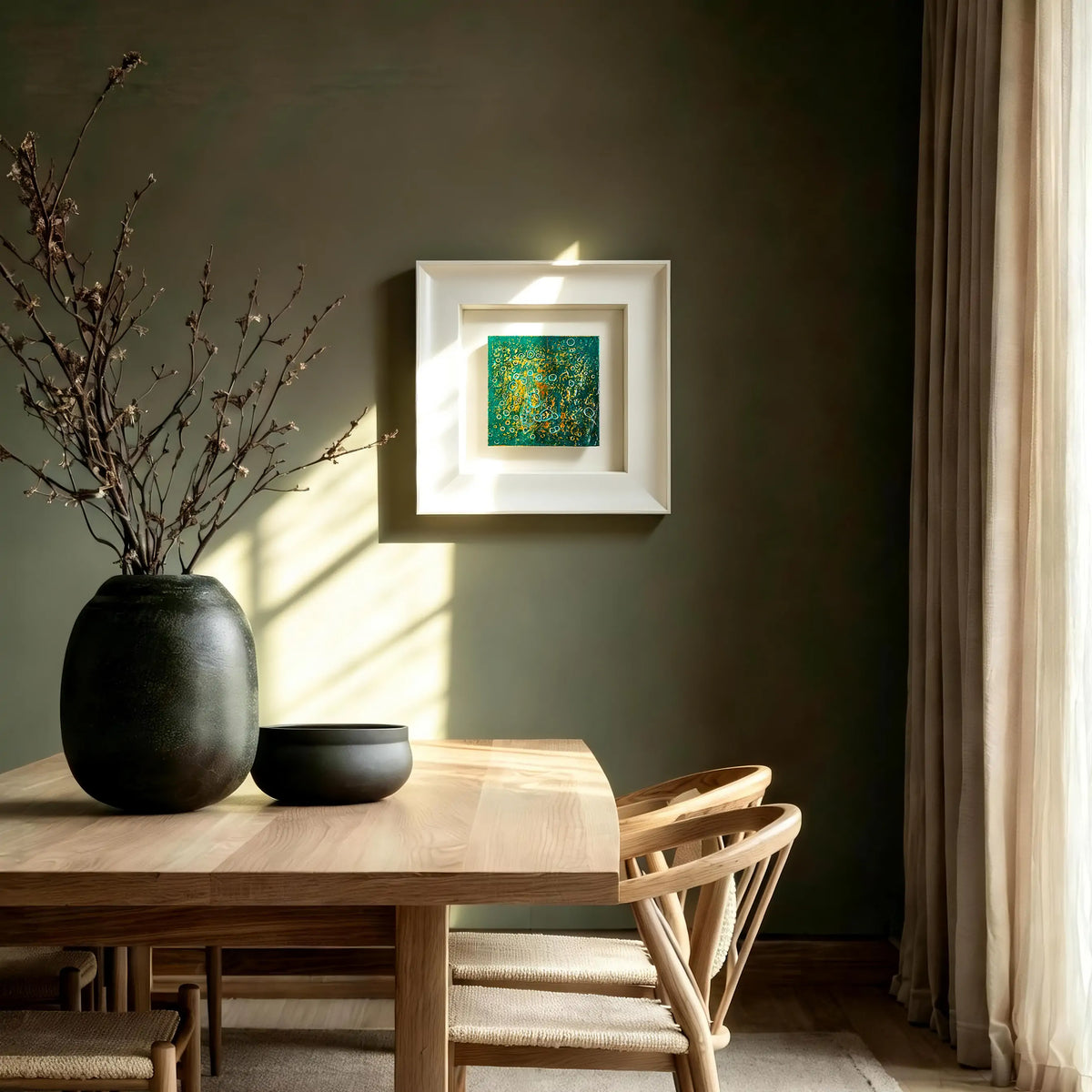 dark green living room with reflective AetherCanvas Metal and Water element wall art