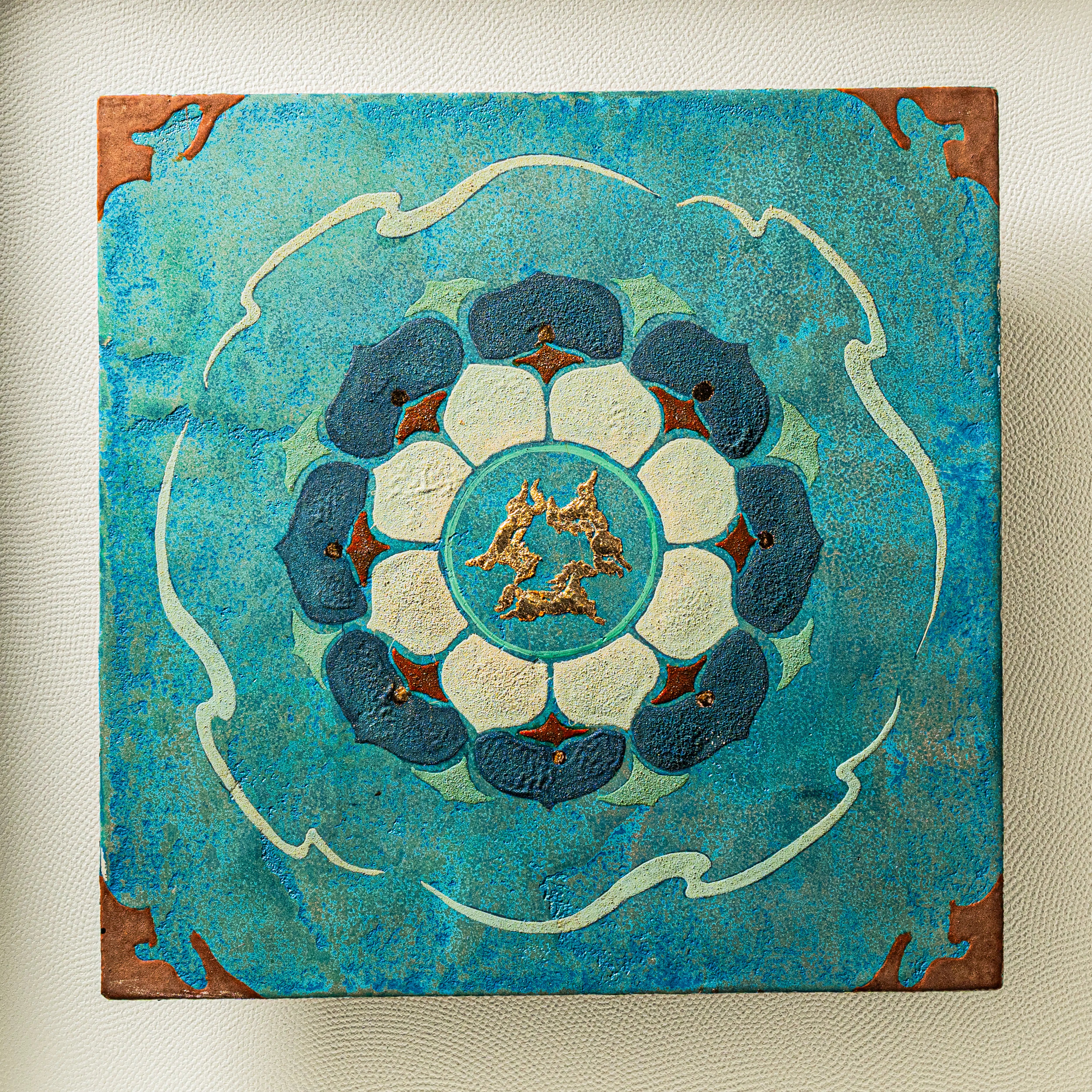 Close-up of Heavenwell Axis art print canvas core revealing handcrafted copper foil layers and earthy mineral texture in dimensional relief.