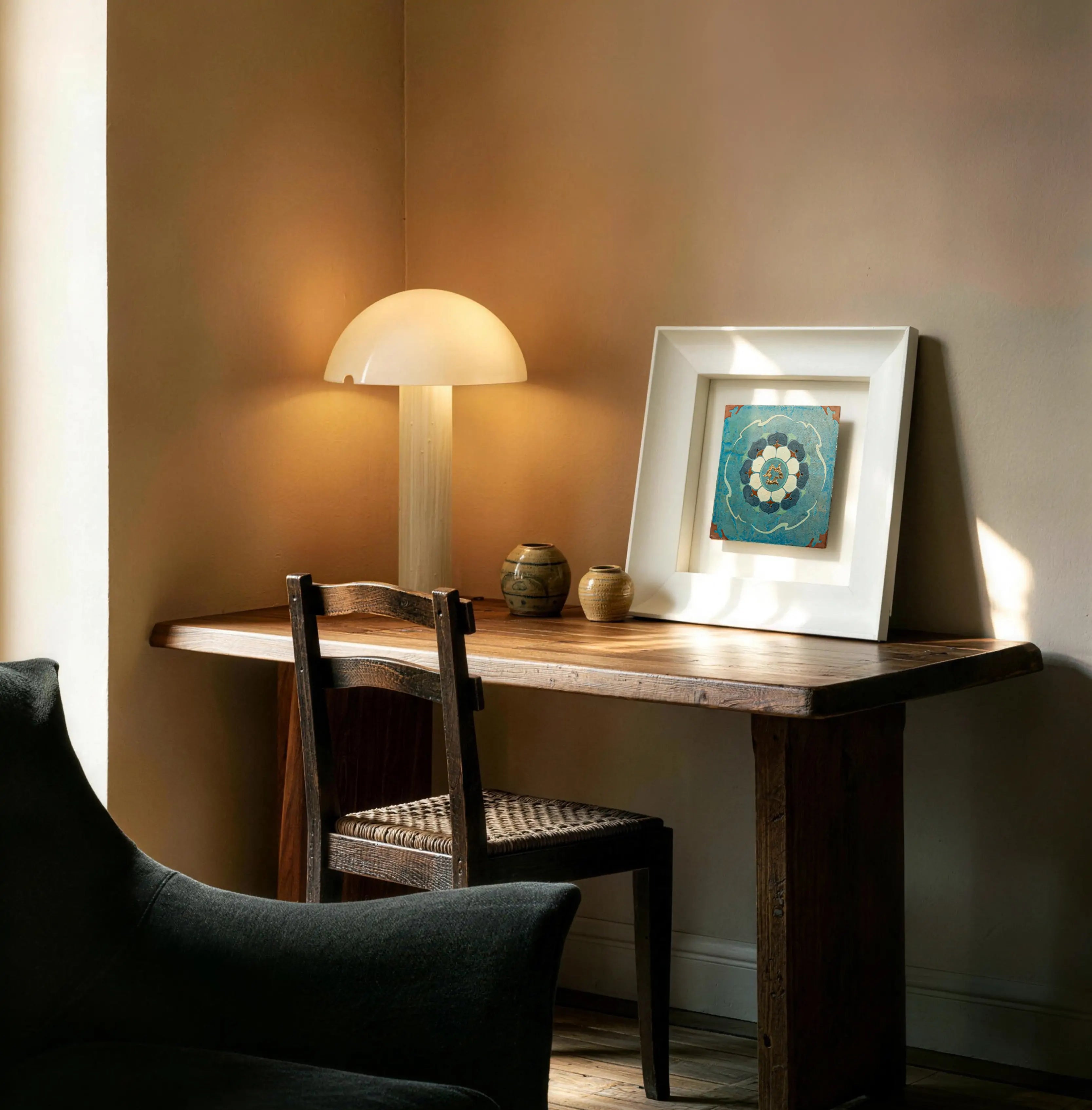 Heavenwell Axis framed art styled in a grounded interior setting, channeling earth element stability with deeply textured copper foil brushwork.