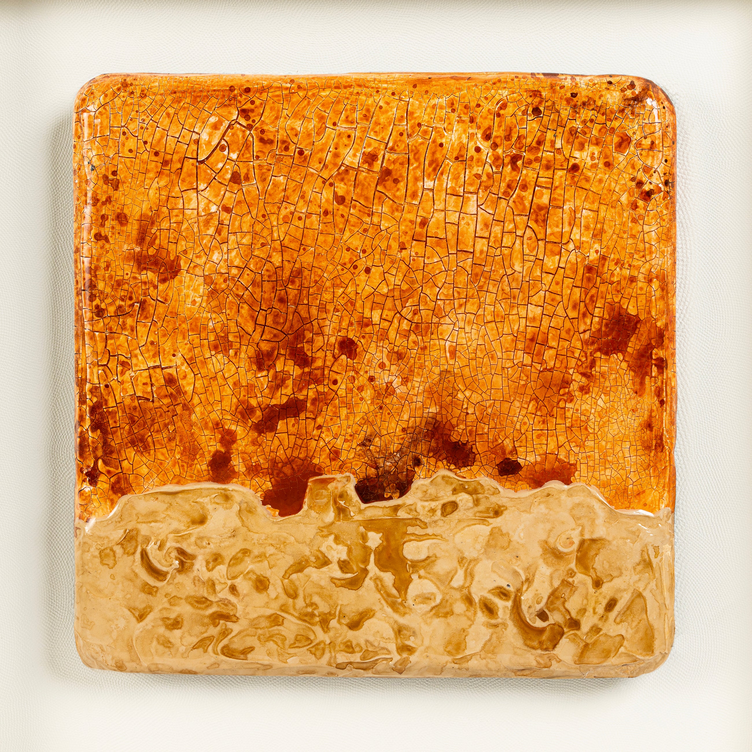 Unframed canvas of Igneous — Mineral Texture · Aura Frame, revealing the full fire element mineral surface built through a 1,400-year Wei-Jin to Tang Dynasty glazing tradition, its colors migrated rather than placed across a dense ICH crackle ground.