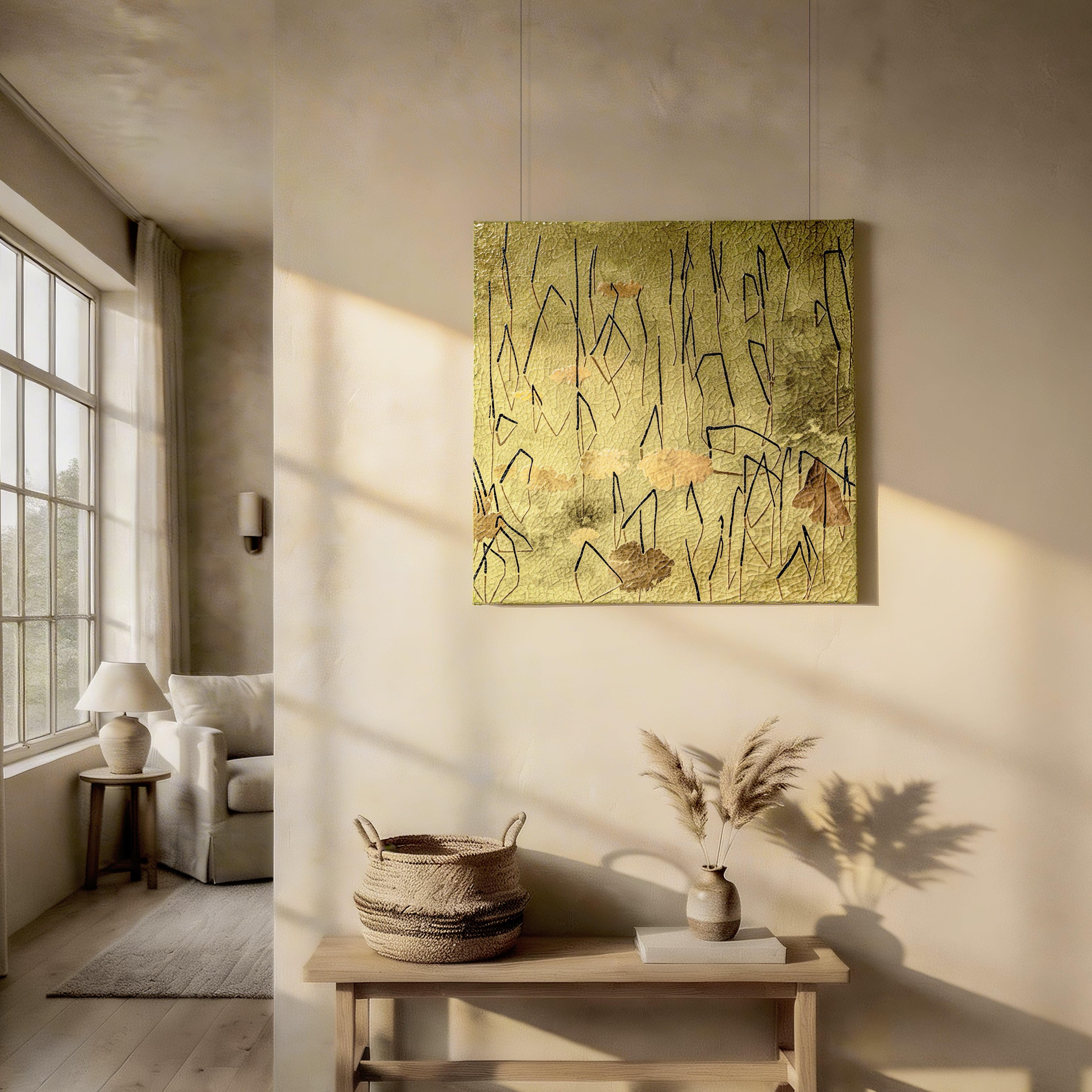 Lotus Serenade — lifestyle scene of handcrafted art in a mindful interior, channeling the harmony of wood and water elements through its layered lotus texture and natural tonal depth.