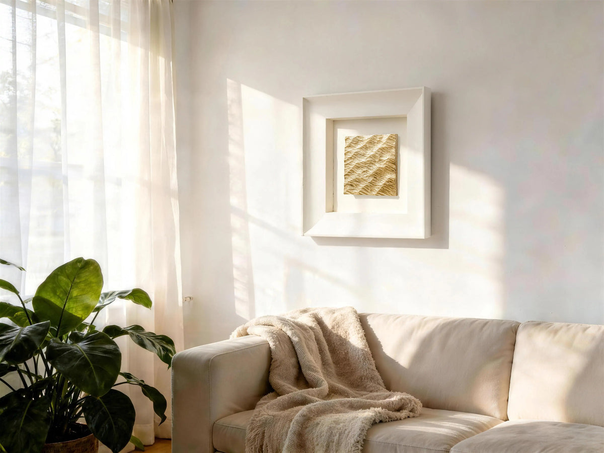 feng shui living room with neutral sofa, houseplant and AetherCanvas water element wall art