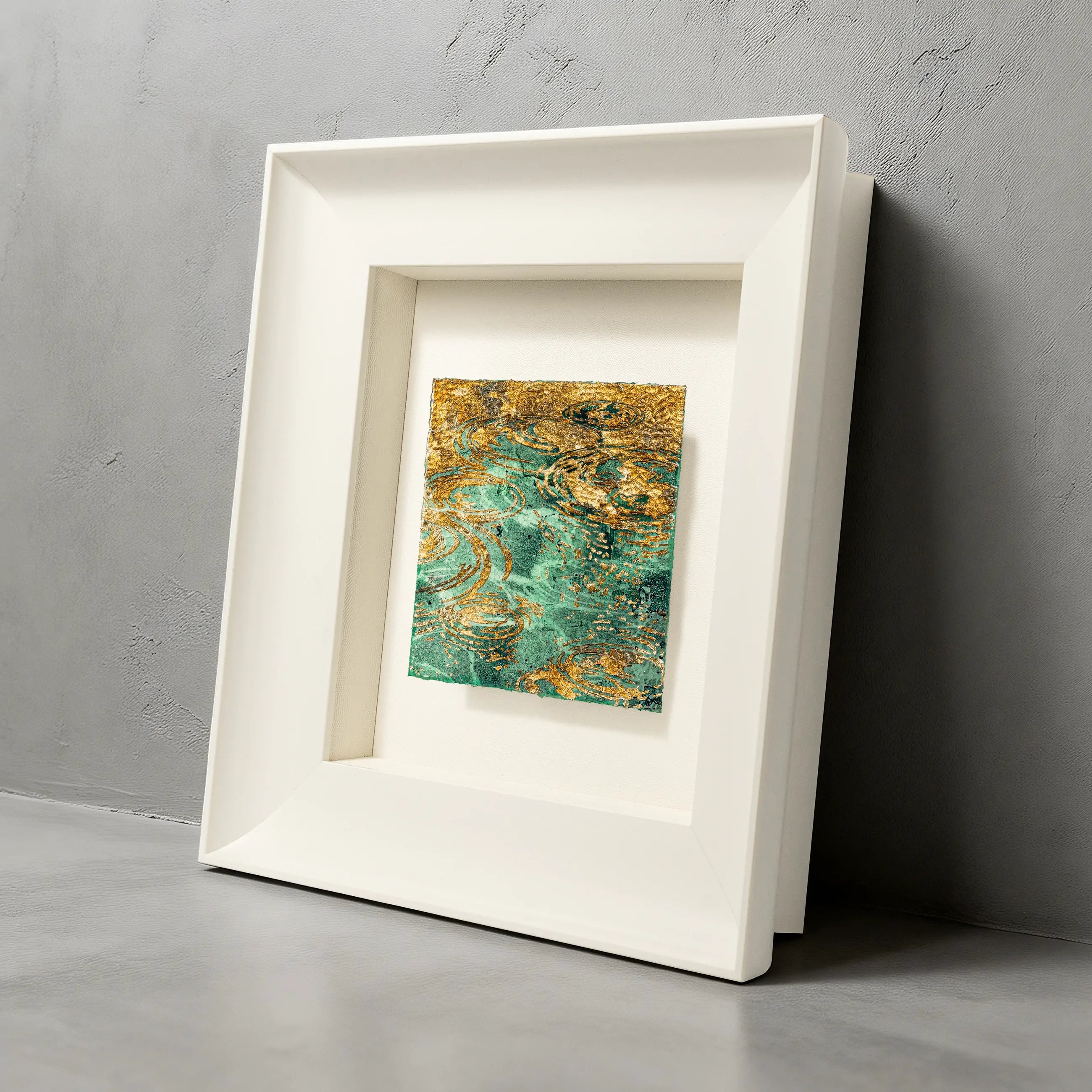 Still Water, Deep Current — Patinated Foil · Aura Frame — full view of patinated foil wall art in Aura Frame, embodying water element energy with layered ripple texture across the entire surface.