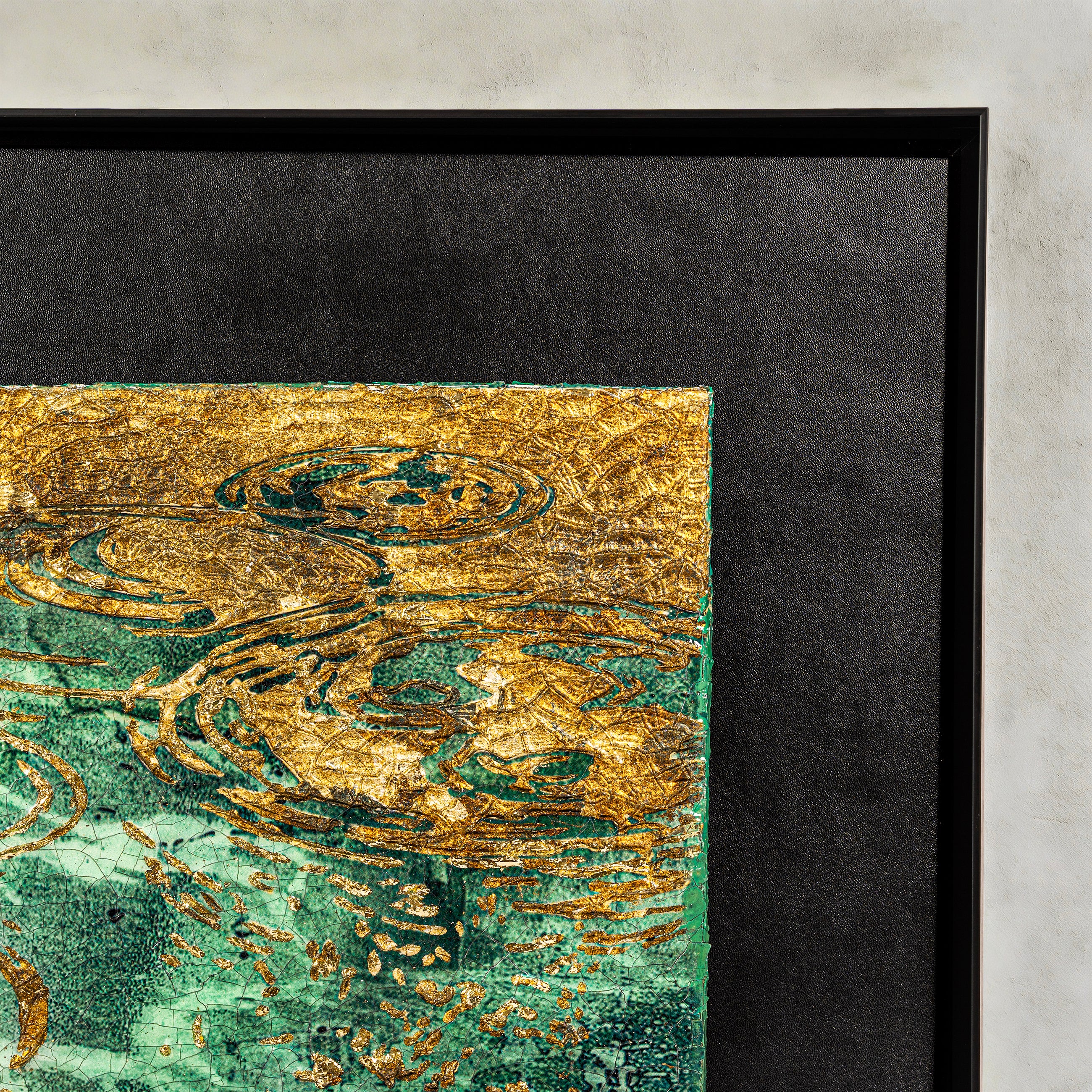Still Water, Deep Current — Patinated Foil · Aura Frame — close-up corner detail of the patinated foil surface, showcasing the raised mineral texture and water element ripple depth in one quarter of the artwork.