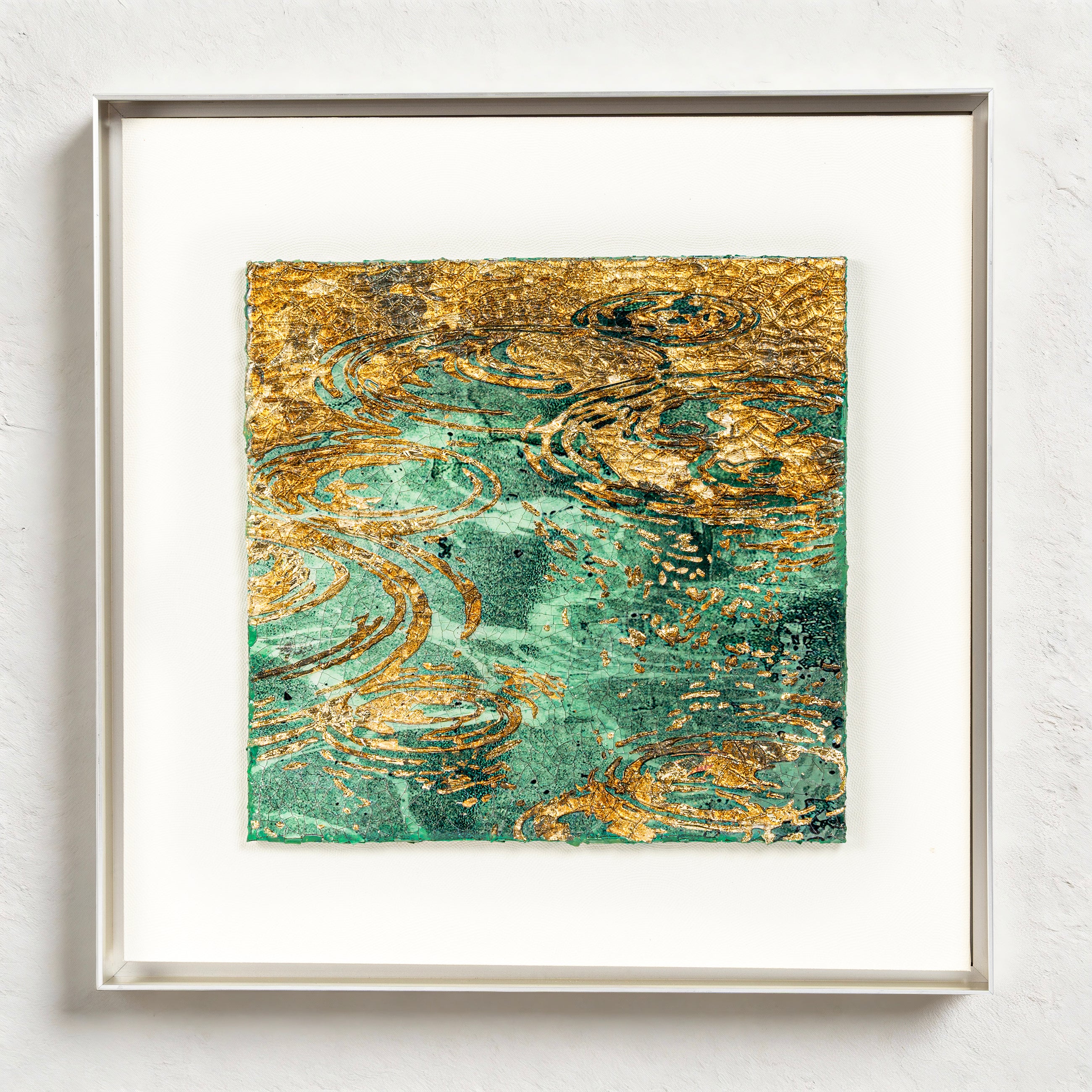 Still Water, Deep Current — Patinated Foil · Aura Frame — full view of patinated foil wall art in Aura Frame, embodying water element energy with layered ripple texture across the entire surface.