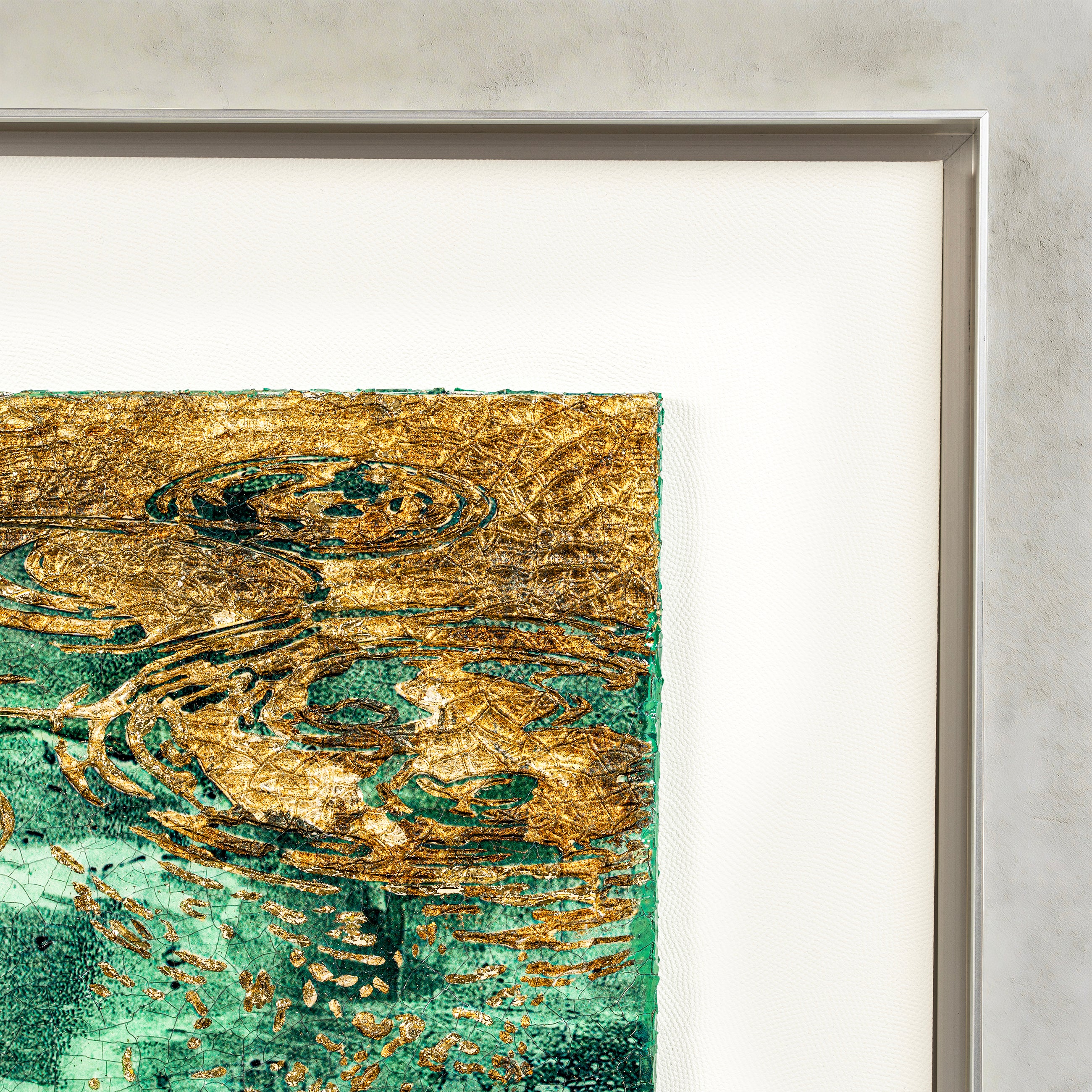 Still Water, Deep Current — Patinated Foil · Aura Frame — close-up corner detail of the patinated foil surface, showcasing the raised mineral texture and water element ripple depth in one quarter of the artwork.