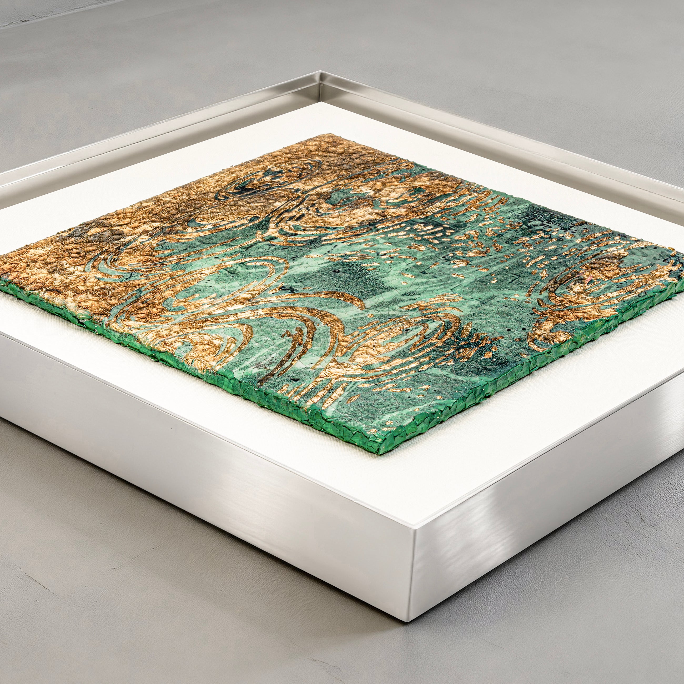 Still Water, Deep Current — Patinated Foil · Aura Frame — flat-lay full view of the canvas highlighting the all-over ripple texture and water element tonal depth of the patinated foil finish.