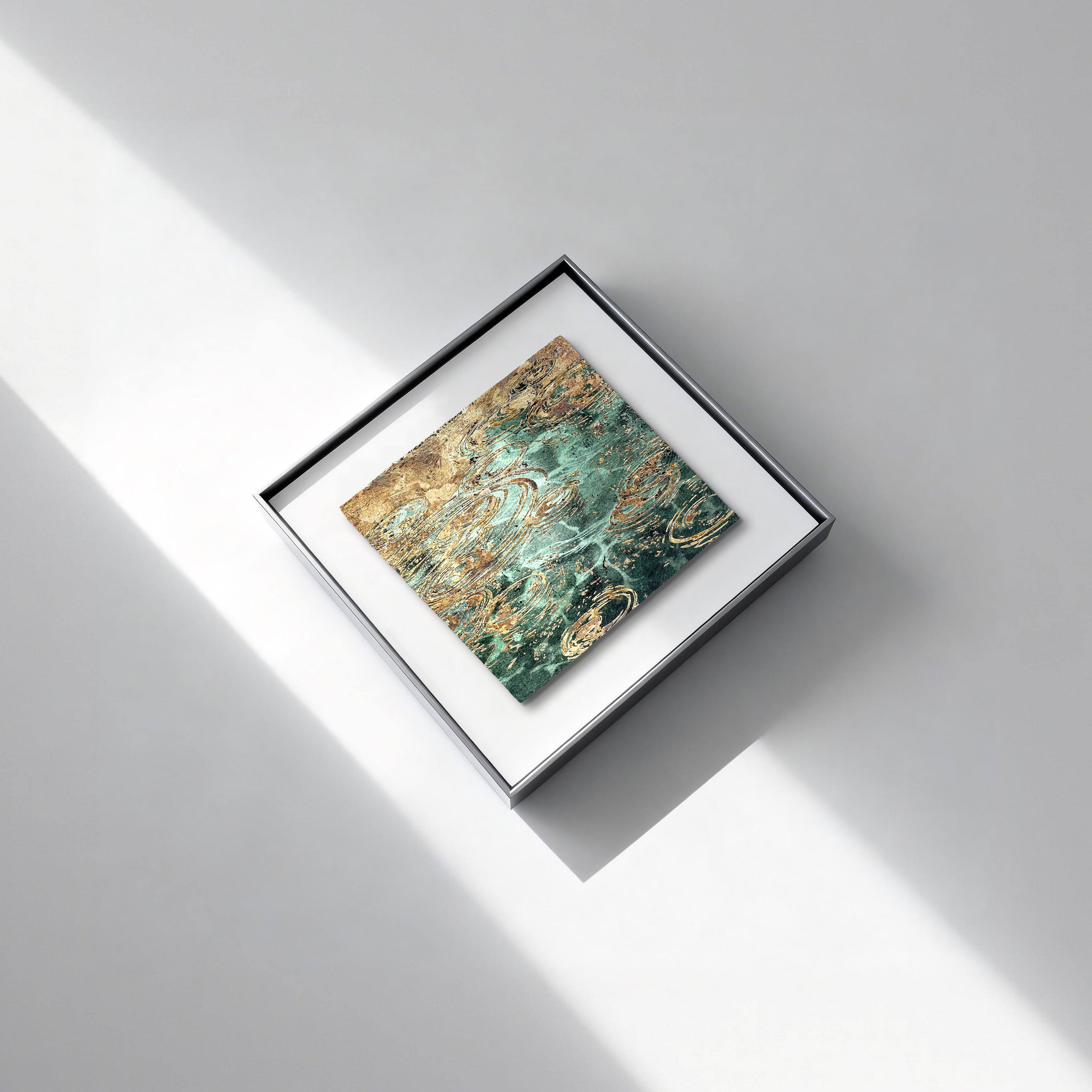 Still Water, Deep Current — Patinated Foil · Aura Frame silver metal canvas 30×30 detail2