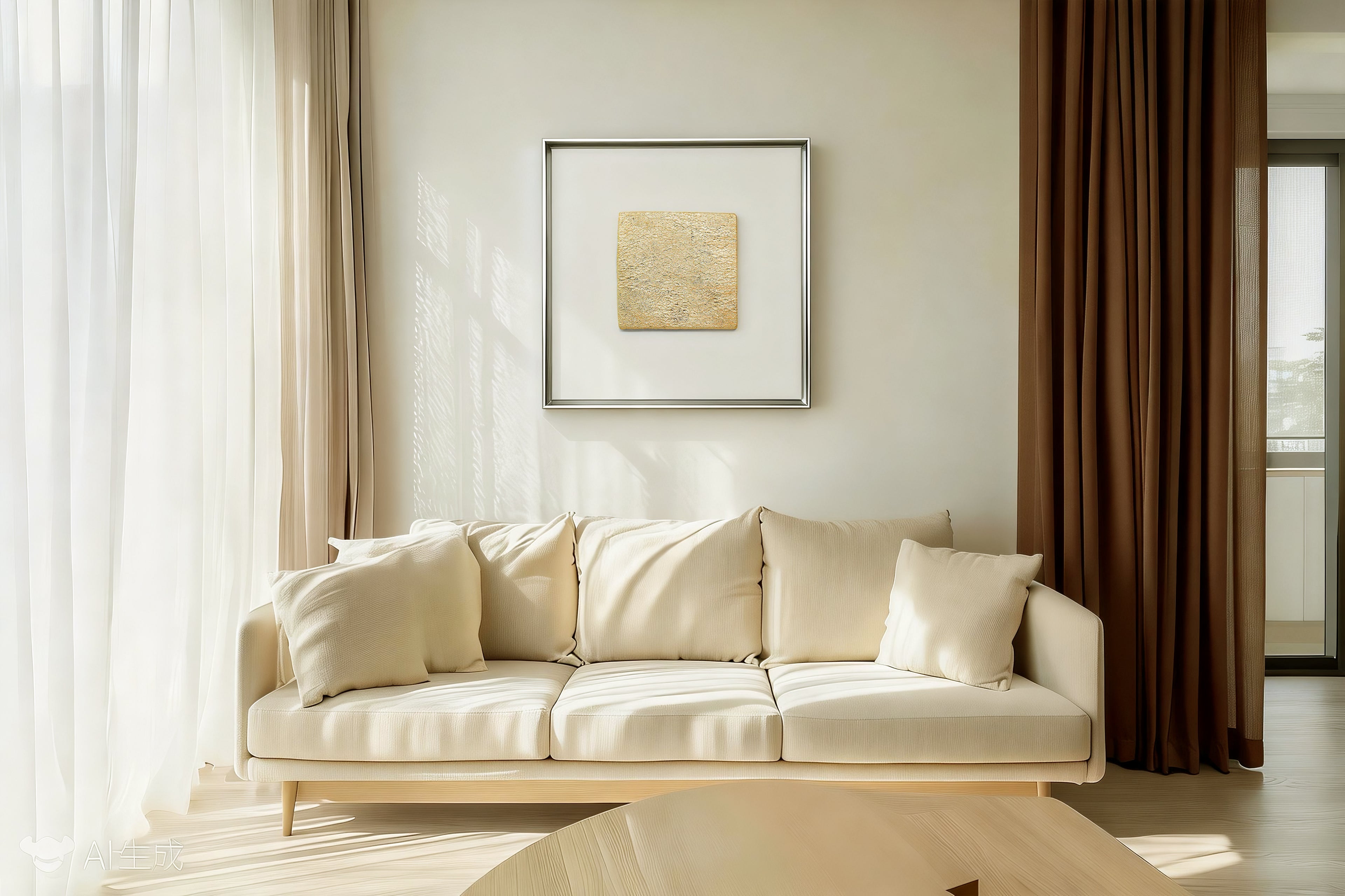 Tendril — Gilded Foil · Aura Frame displayed in an interior setting, its wood element energy and richly textured 3D mineral surface — gilded vine relief warming the green-brown palette — bringing the living warmth of classical gilding on organic terrain to the wall.