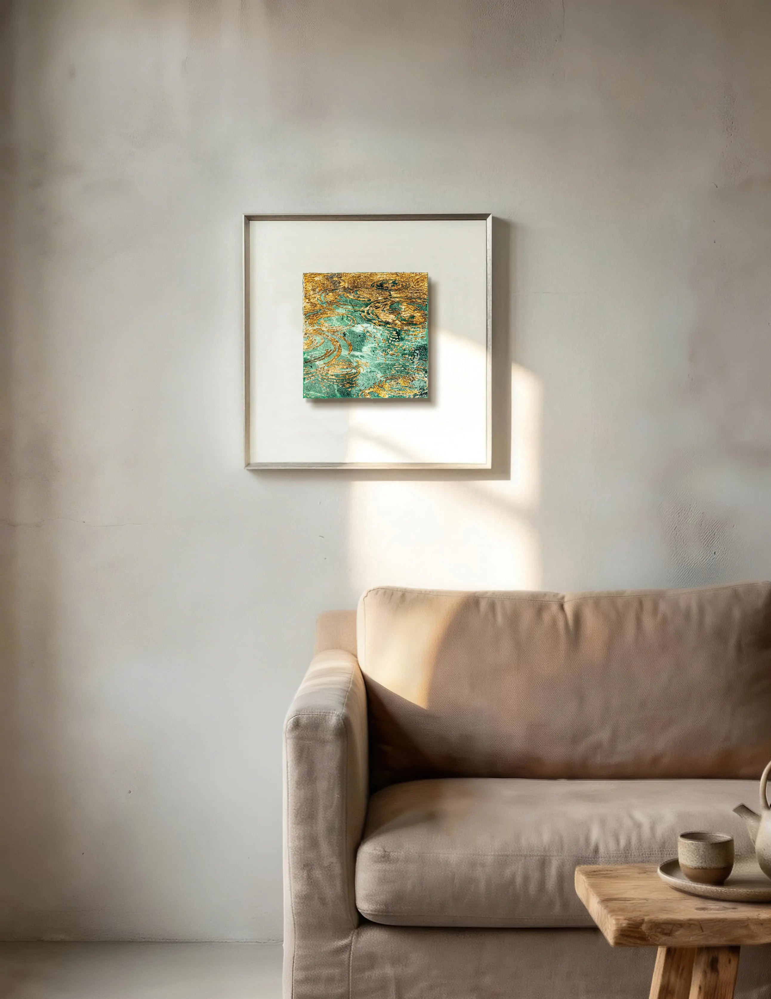 Still Water, Deep Current — Patinated Foil Grand · Aura Frame