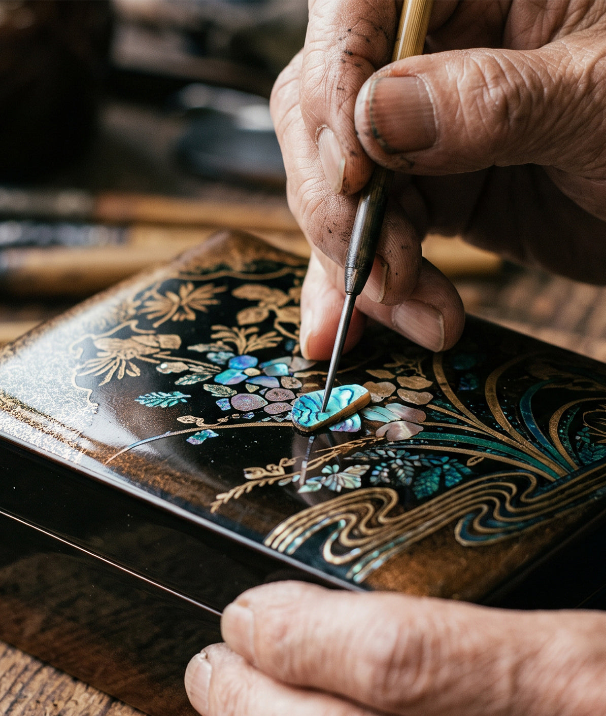An artisan inlaying mother-of-pearl by hand